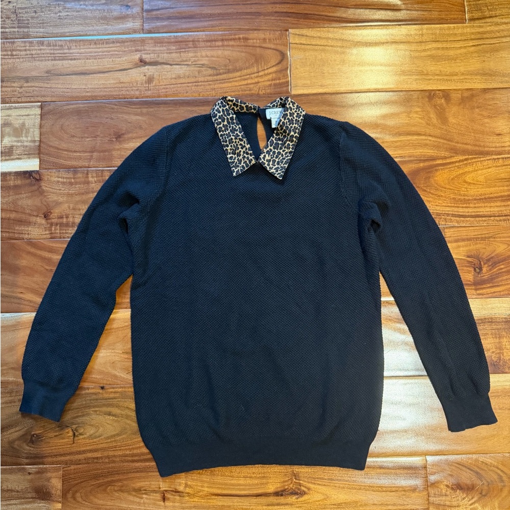 J. Crew Black Sweater with Leopard Print Collar